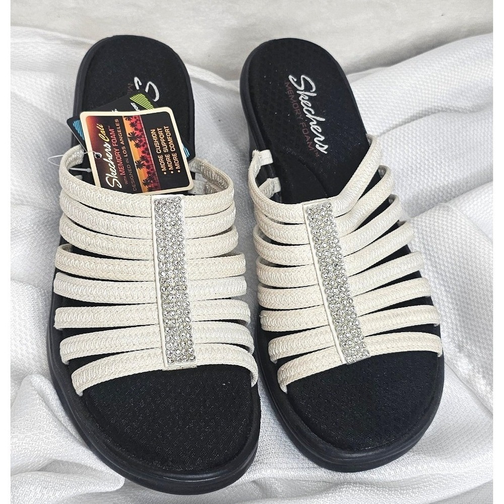 Skechers Cali Rumblers Wedge Sandals 9 Cream Rhinestone Strappy Slides